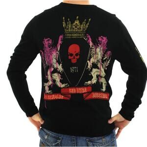 RAW7 Men's 100% Acrylic LION 1971 Crewneck Sweater Men XL Black Skull Goth Raver